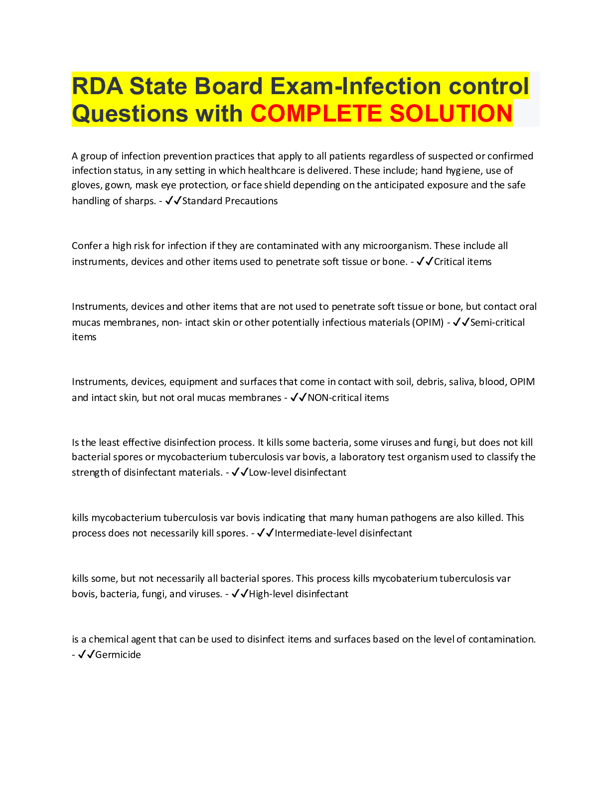 Registered Dental Assistant RDA Exam Questions with COMPLETE SOLUTION